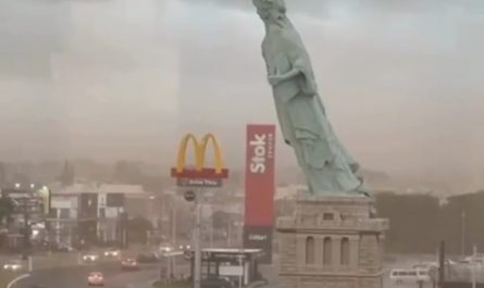 A replica of the Statue of Liberty collapsed over a parking lot after a storm in Brazil
