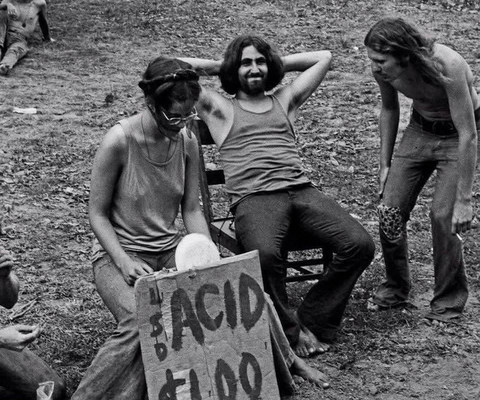 Acid sales stand during the Woodstock Festival, August 1969.