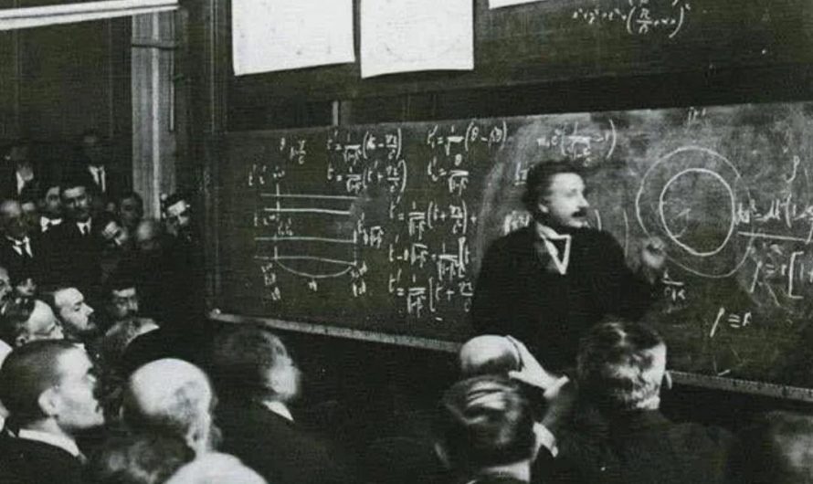 Actual photo of Albert Einstein lecturing on the Theory of Relativity, 1922