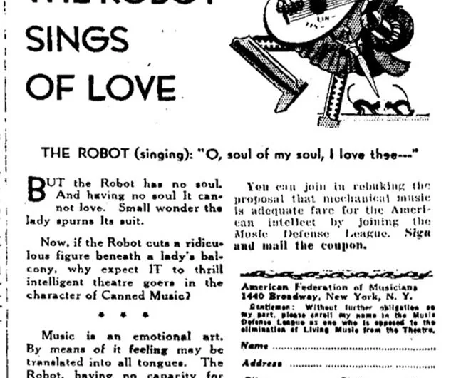 Advert from the 1930 campaign against recorded music by The American Federation of Musician.