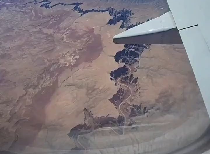 Aerial view of Grand Canyon in Arizona, showing the Colorado River’s erosion over millions of years.