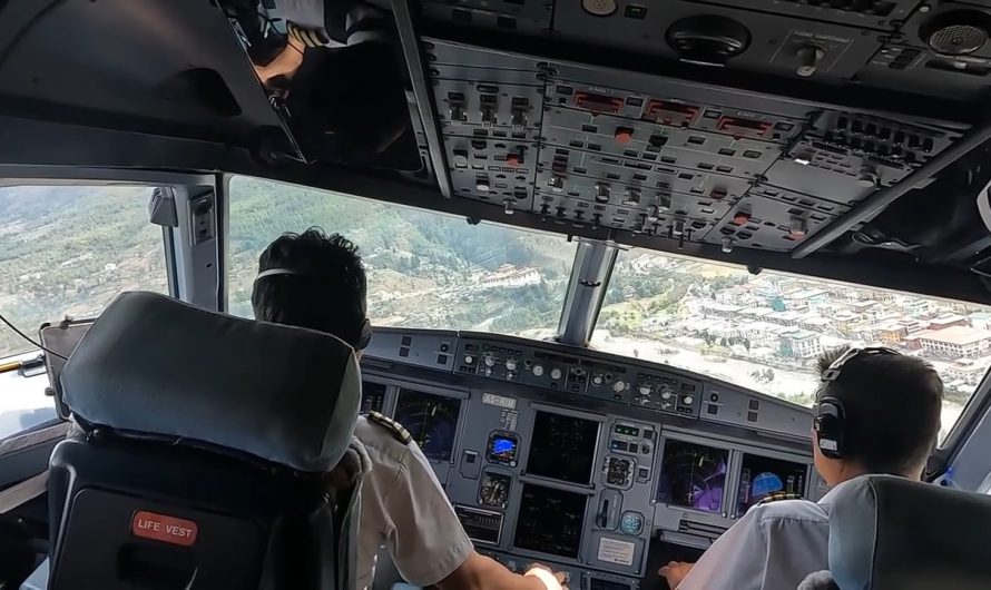 Airbus A319 landing at Paro International Airport, known for being one of the most challenging airports in the world for landing, due to proximity of steep Himalayan mountains and narrow valleys, very short visual approach distance, no radar assistance, and short runway.