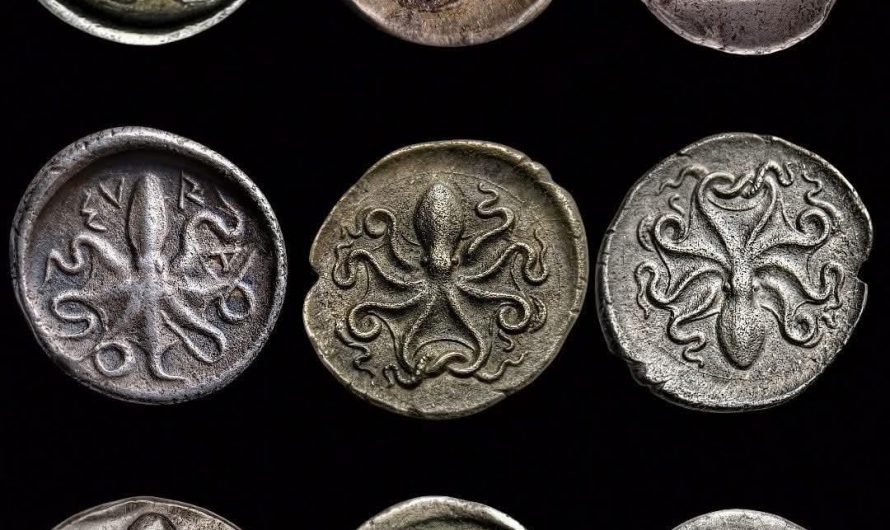 Ancient coins from Syracuse and Eretria, minted from the 6th to 4th centuries BCE, symbolizing maritime strength