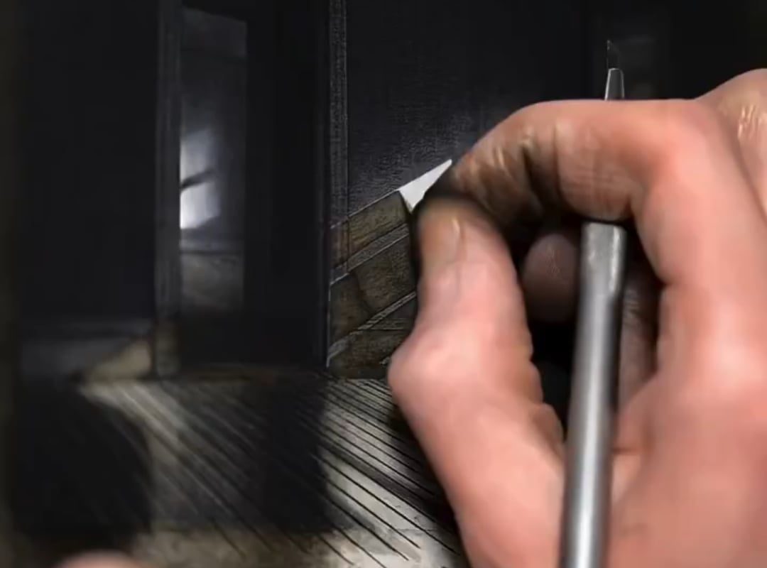 Artist Taylor Mazer draws directly onto surfaces using taped areas, then peels the tape away to reveal clean, graphic compositions