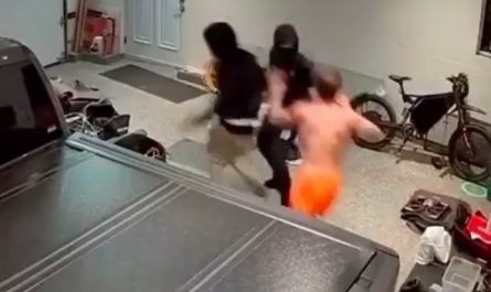 Brave man takes on two home invaders! When they try to escape, he drags one back in for more.