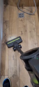 By pure accident, my vacuum cleaner fits in this spot in the bathroom