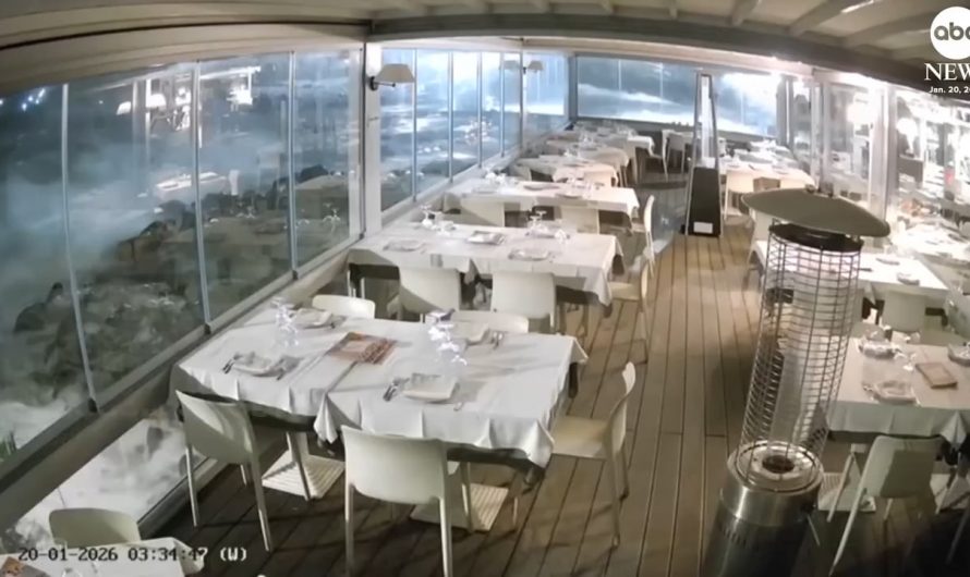 Captured by the surveillance camera: Powerful waves flood dining room of a seaside restaurant in Catania / Sicily
