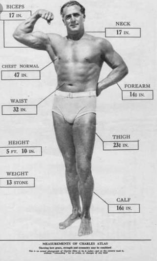 Charles Atlas, considered father of modern fitness with his prime measurements, at one point called the most perfect developt man, photos circa late 1920s, 1930s.