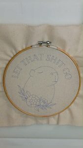 Creation process of a mixed-media piece combining watercolor and needlework.