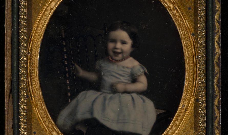Daguerreotype of a little girl laughing. By this point a photo took 10-15 seconds (not minutes, that is a myth) and could capture some snap shot moments. Photo circa 1850s.