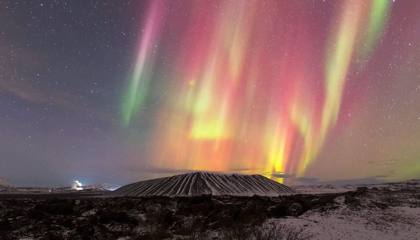 Dancing aurora above Hverfjall volcano, Iceland