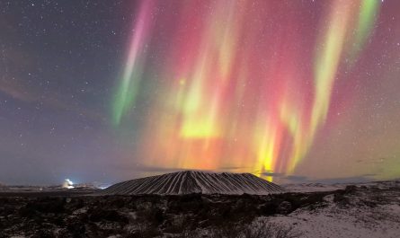 Dancing aurora above Hverfjall volcano, Iceland