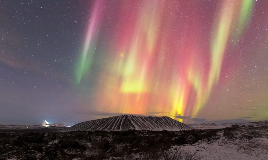 Dancing aurora above Hverfjall volcano, Iceland
