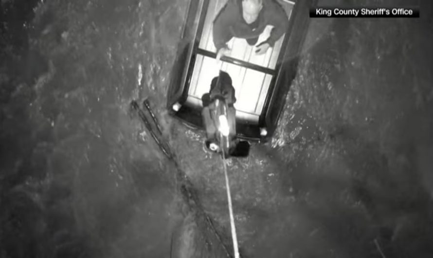 Drone drops a life jacket to a man on top of a car surrounded by flood