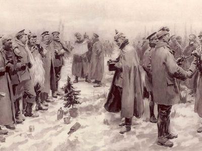 During WWI in 1914, enemy soldiers stopped fighting on Christmas, left their trenches, exchanged gifts, buried their dead, and played soccer together in No Man's Land