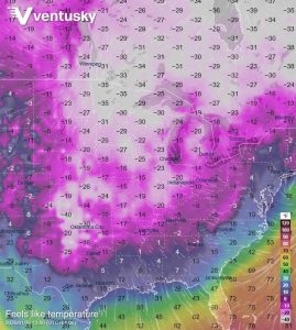 Feels-like temperature in the USA on Monday morning