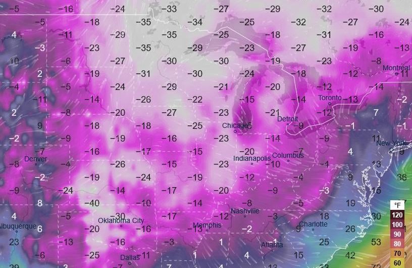 Feels-like temperature in the USA on Monday morning