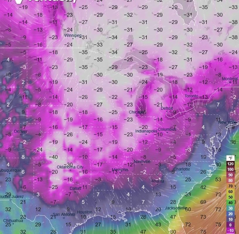 Feels-like temperature in the USA on Monday morning