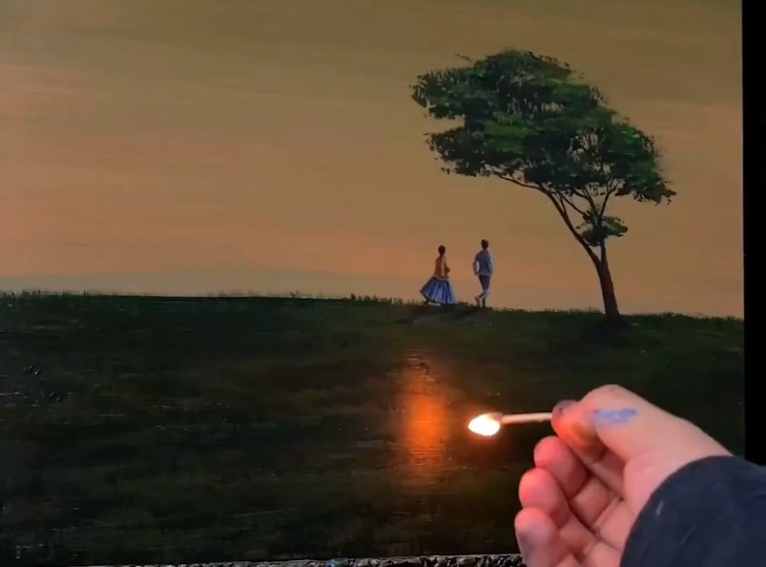 Fire unveils a hidden feature of this painting and adds more complexity depth to it