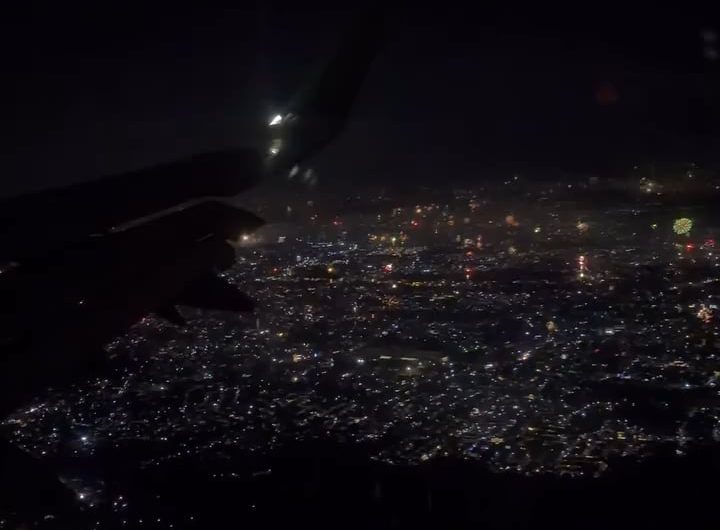 Fireworks viewed from the plane while landing in the Philippines