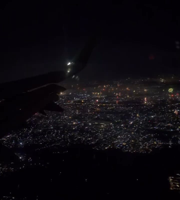 Fireworks viewed from the plane while landing in the Philippines