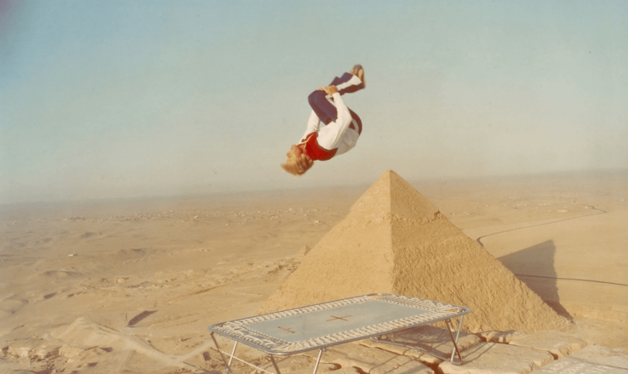 George Nissen doing a somersault on a trampoline atop the Great Pyramid of Khufu in 1977