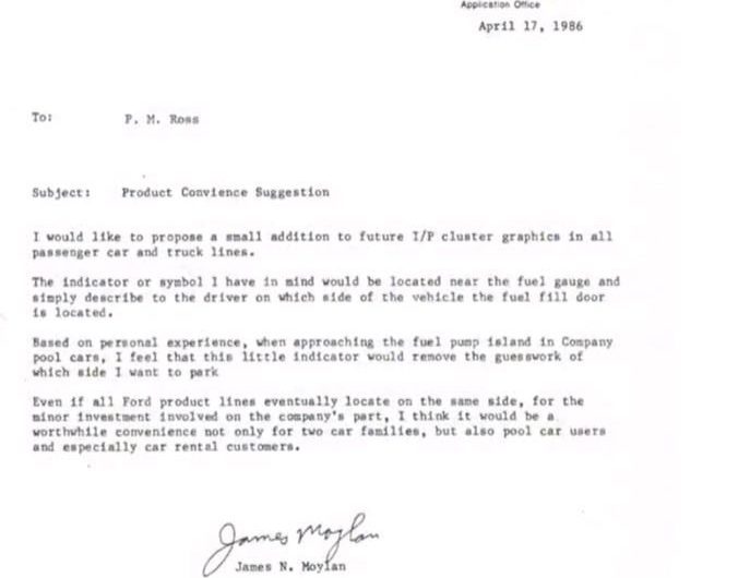 Here is a copy of the 1986 memo from Ford Motor Company design engineer James Moylan to his boss proposing that the fuel gauge indicator include a symbol noting on which side of the vehicle the fuel filler door is located.  Mr. Moylan passed away in December of 2025 at the age of 80.