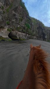 Horse galloping through a sea cave on a New Zealand beach