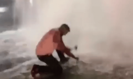 Hydrant broke off. Guy had the knowledge and tools to stop it before it flooded everything.