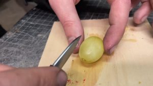 I sliced up a grape with my tiny Japanese chef knife.