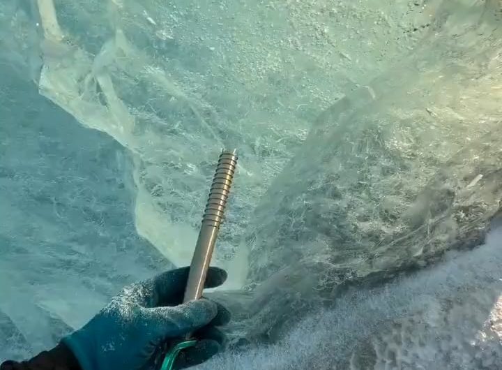 Ice screw in crystal clear ice