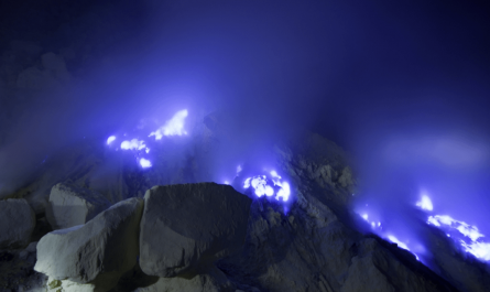 Ijen Volcano (Blue Flames) - Indonesia What's happening? It's a chemical phenomenon caused by the combustion of high-pressure sulfur gases upon contact with oxygen in the air. The distinctive color: The burning sulfur produces a bright blue flame resembling molten lava.