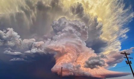 In West Texas, storm chaser Laura Rowe captured this fantastic shot of a mature supercell thunderstorm, illuminated at varying heights by the setting sun.