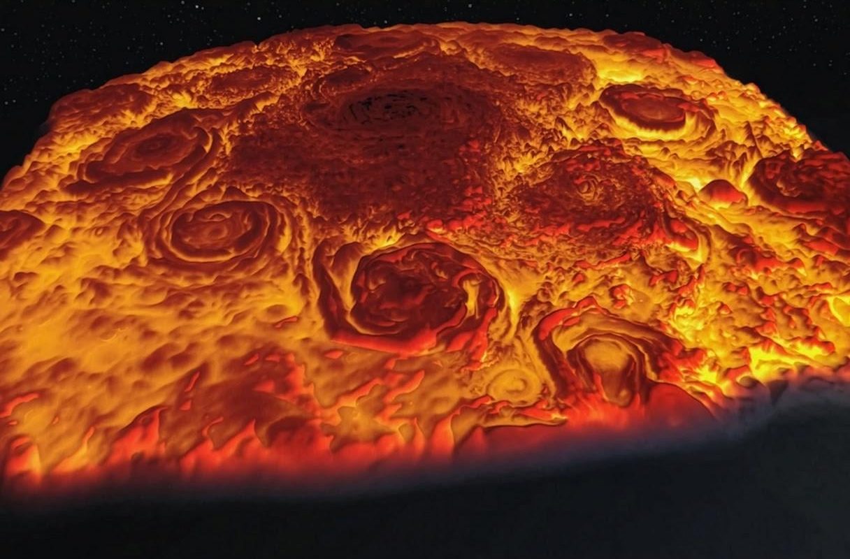 Infrared 3D image of Jupiter’s north pole showing cyclones and anticyclones