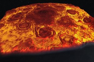 Infrared 3D image of Jupiter’s north pole showing cyclones and anticyclones