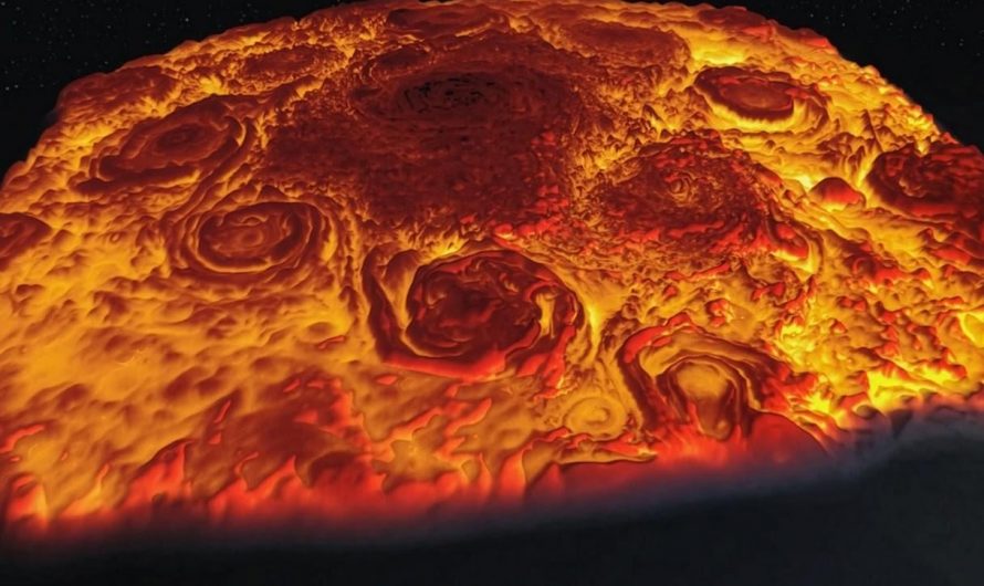 Infrared 3D image of Jupiter’s north pole showing cyclones and anticyclones