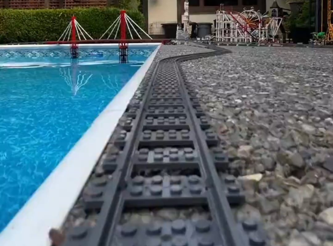 LEGO train over the pool