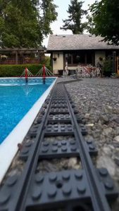 LEGO train over the pool
