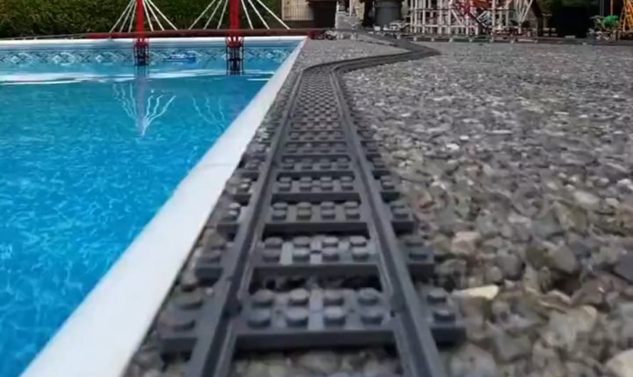 LEGO train over the pool