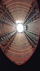Looking up while riding the chimney lift at Battersea power station