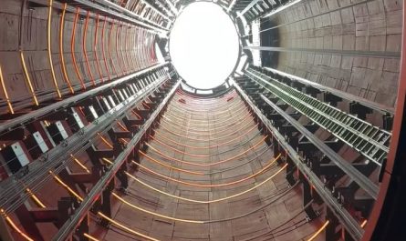 Looking up while riding the chimney lift at Battersea power station