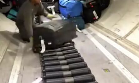 Luggages being neatly stacked to a plane compartment