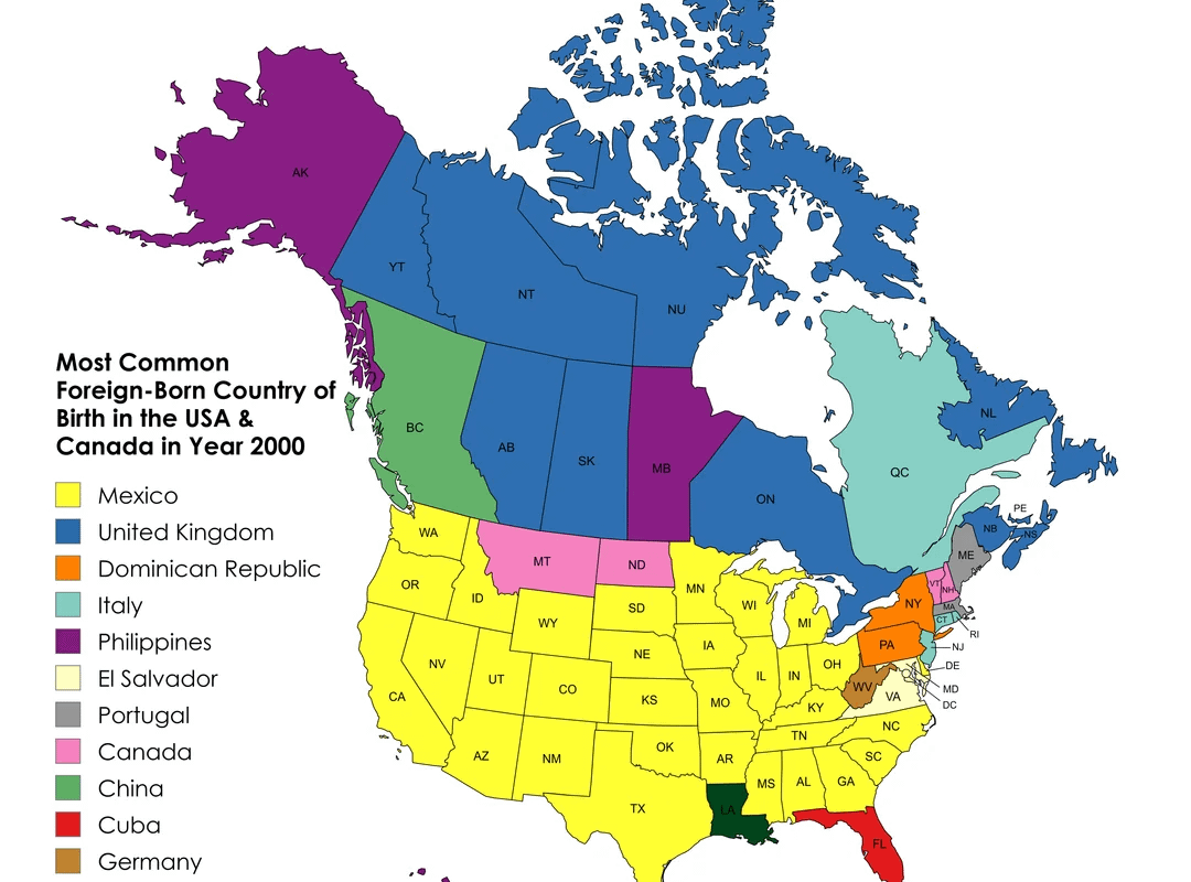 Most Common Foreign Country of Birth in the USA & Canada in Year 2000