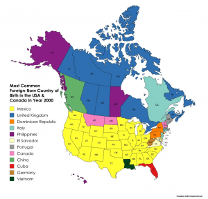 Most Common Foreign Country of Birth in the USA & Canada in Year 2000