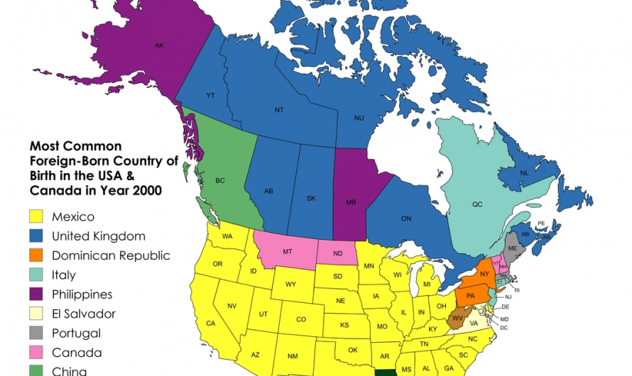 Most Common Foreign Country of Birth in the USA & Canada in Year 2000