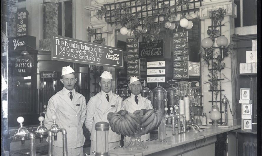 Old school baltimore soda stand with all the prices visible, circa 1920s, glass negative