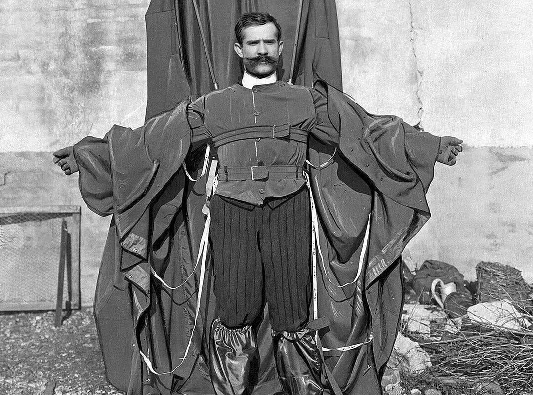 On February 4th, 1912, Franz Reichelt tested his new design for a compact wearable parachute by jumping from the Eiffel Tower. His parachute failed to deploy, and he fell 57 meters to his death.