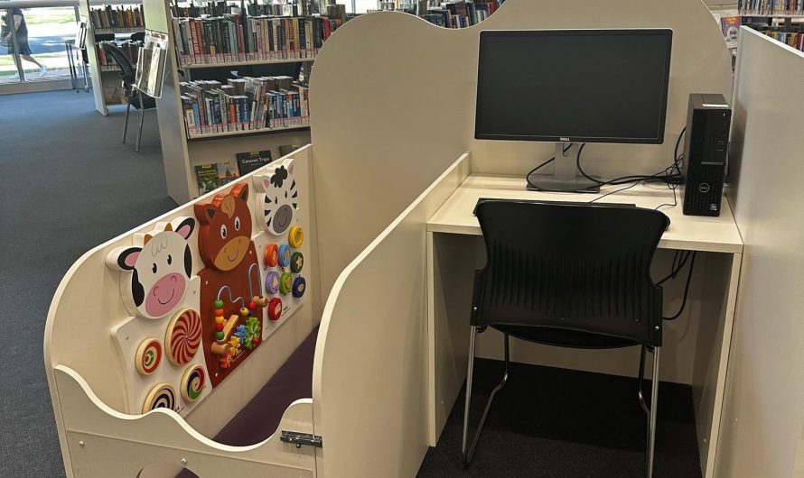 Our local library has a computer station with a creche unit attached for your toddler.