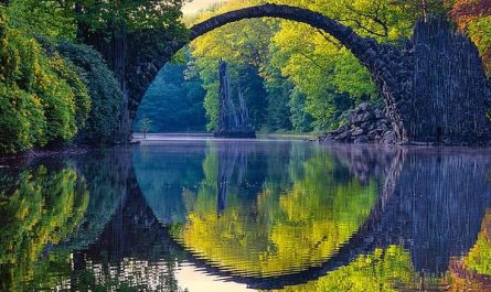 Perfect reflection of the Rakotz bridge in Kromlau, Saxony, Germany
