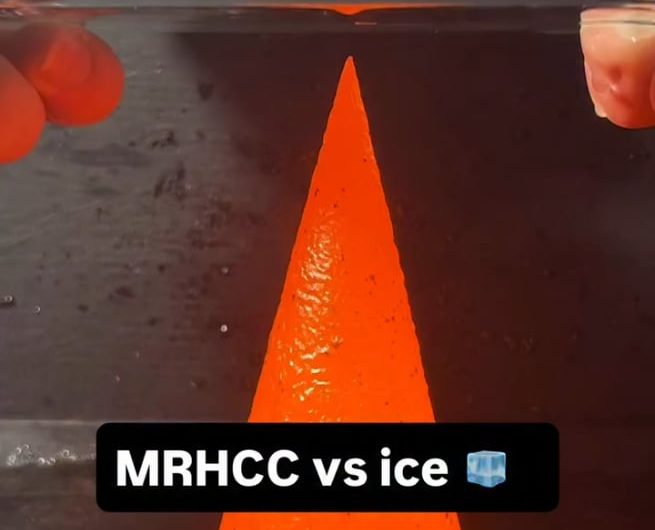 Putting ice through a medium red hot copper cone